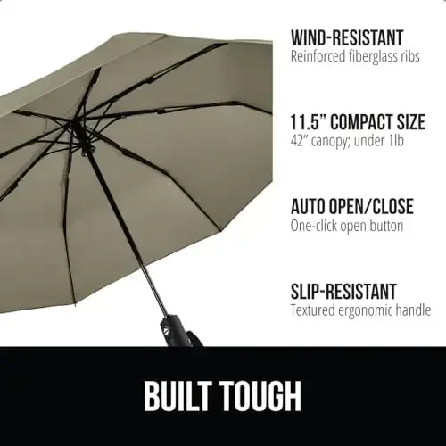 GORILLA GRIP Strong Windproof Stick Compact Umbrella for Rain, One-Click Automatic Open and Close, Durable Quick Dry Waterproof Material, Lightweight and Portable, Travel Size Fits Backpack, Beige - 2