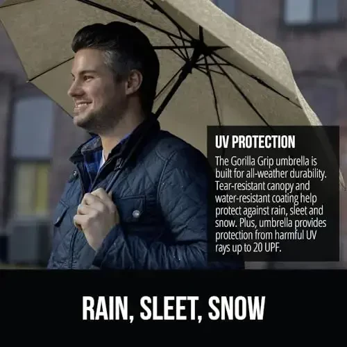 GORILLA GRIP Strong Windproof Stick Compact Umbrella for Rain, One-Click Automatic Open and Close, Durable Quick Dry Waterproof Material, Lightweight and Portable, Travel Size Fits Backpack, Beige - 3