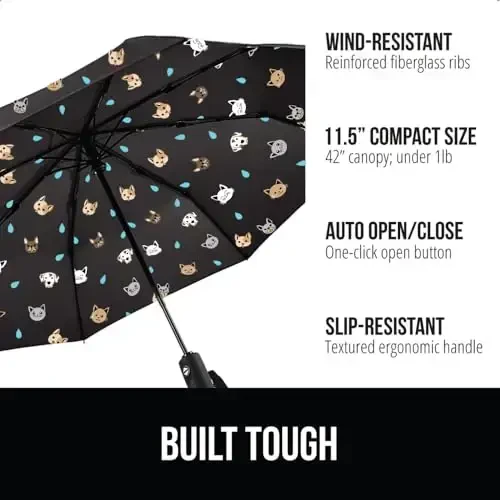 GORILLA GRIP Strong Windproof Stick Compact Umbrella for Rain, One-Click Automatic Open and Close, Durable Quick Dry Waterproof Material, Lightweight and Portable, Travel Size Fits Backpack, Cats Dogs - 2