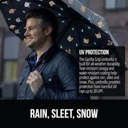 GORILLA GRIP Strong Windproof Stick Compact Umbrella for Rain, One-Click Automatic Open and Close, Durable Quick Dry Waterproof Material, Lightweight and Portable, Travel Size Fits Backpack, Cats Dogs - 3