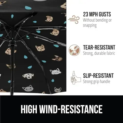 GORILLA GRIP Strong Windproof Stick Compact Umbrella for Rain, One-Click Automatic Open and Close, Durable Quick Dry Waterproof Material, Lightweight and Portable, Travel Size Fits Backpack, Cats Dogs - 4