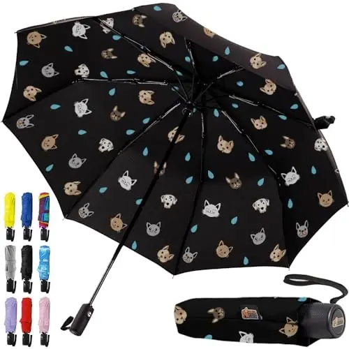 GORILLA GRIP Strong Windproof Stick Compact Umbrella for Rain, One-Click Automatic Open and Close, Durable Quick Dry Waterproof Material, Lightweight and Portable, Travel Size Fits Backpack, Cats Dogs - 1