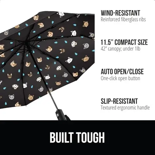 GORILLA GRIP Strong Windproof Stick Compact Umbrella for Rain, One-Click Automatic Open and Close, Durable Quick Dry Waterproof Material, Lightweight and Portable, Travel Size Fits Backpack, Cats Dogs - GORILLA GRIP (1)