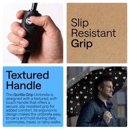 GORILLA GRIP Strong Windproof Stick Compact Umbrella for Rain, One-Click Automatic Open and Close, Durable Quick Dry Waterproof Material, Lightweight and Portable, Travel Size Fits Backpack, Cats Dogs - 3