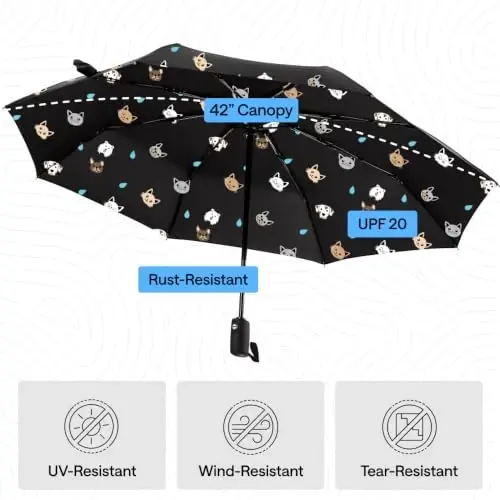 GORILLA GRIP Strong Windproof Stick Compact Umbrella for Rain, One-Click Automatic Open and Close, Durable Quick Dry Waterproof Material, Lightweight and Portable, Travel Size Fits Backpack, Cats Dogs - 6