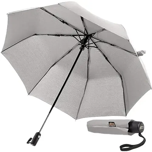 GORILLA GRIP Strong Windproof Stick Compact Umbrella for Rain, One-Click Automatic Open and Close, Durable Quick Dry Waterproof Material, Lightweight and Portable, Travel Size Fits Backpack, Gray - 1