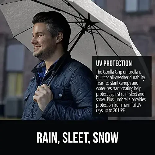 GORILLA GRIP Strong Windproof Stick Compact Umbrella for Rain, One-Click Automatic Open and Close, Durable Quick Dry Waterproof Material, Lightweight and Portable, Travel Size Fits Backpack, Gray - 3