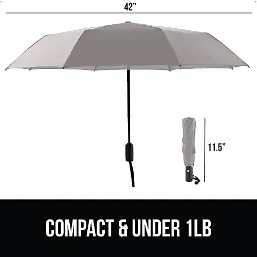 GORILLA GRIP Strong Windproof Stick Compact Umbrella for Rain, One-Click Automatic Open and Close, Durable Quick Dry Waterproof Material, Lightweight and Portable, Travel Size Fits Backpack, Gray - 5
