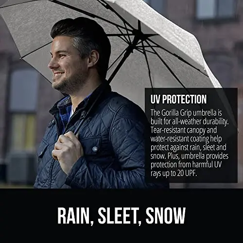 GORILLA GRIP Strong Windproof Stick Compact Umbrella for Rain, One-Click Automatic Open and Close, Durable Quick Dry Waterproof Material, Lightweight and Portable, Travel Size Fits Backpack, Gray - 3