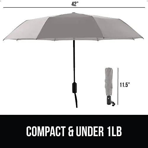 GORILLA GRIP Strong Windproof Stick Compact Umbrella for Rain, One-Click Automatic Open and Close, Durable Quick Dry Waterproof Material, Lightweight and Portable, Travel Size Fits Backpack, Gray - 5