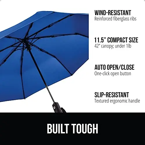 GORILLA GRIP Strong Windproof Stick Compact Umbrella for Rain, One-Click Automatic Open and Close, Durable Quick Dry Waterproof Material, Lightweight and Portable, Travel Size Fits Backpack, Navy - GORILLA GRIP (1)