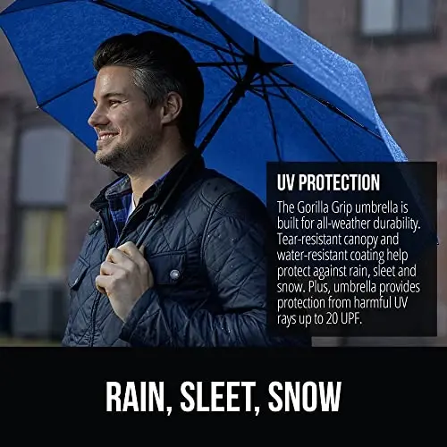 GORILLA GRIP Strong Windproof Stick Compact Umbrella for Rain, One-Click Automatic Open and Close, Durable Quick Dry Waterproof Material, Lightweight and Portable, Travel Size Fits Backpack, Navy - 3