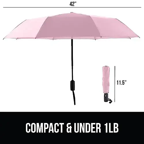 GORILLA GRIP Strong Windproof Stick Compact Umbrella for Rain, One-Click Automatic Open and Close, Durable Quick Dry Waterproof Material, Lightweight and Portable, Travel Size Fits Backpack, Pink - 5