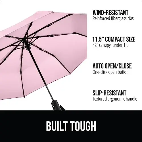 GORILLA GRIP Strong Windproof Stick Compact Umbrella for Rain, One-Click Automatic Open and Close, Durable Quick Dry Waterproof Material, Lightweight and Portable, Travel Size Fits Backpack, Pink - 2
