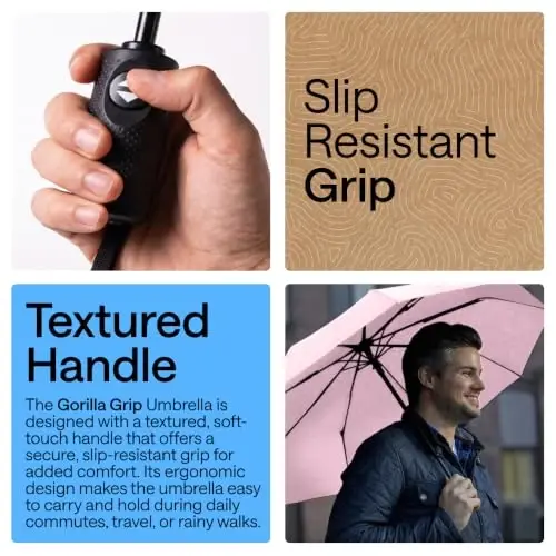 GORILLA GRIP Strong Windproof Stick Compact Umbrella for Rain, One-Click Automatic Open and Close, Durable Quick Dry Waterproof Material, Lightweight and Portable, Travel Size Fits Backpack, Pink - 3