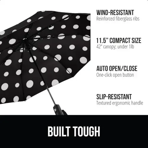 GORILLA GRIP Strong Windproof Stick Compact Umbrella for Rain, One-Click Automatic Open and Close, Durable Quick Dry Waterproof Material, Lightweight and Portable, Travel Size Fits Backpack Polka Dots - GORILLA GRIP (1)