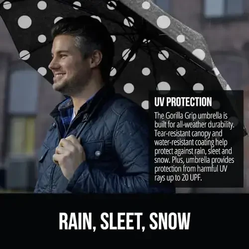 GORILLA GRIP Strong Windproof Stick Compact Umbrella for Rain, One-Click Automatic Open and Close, Durable Quick Dry Waterproof Material, Lightweight and Portable, Travel Size Fits Backpack Polka Dots - 3