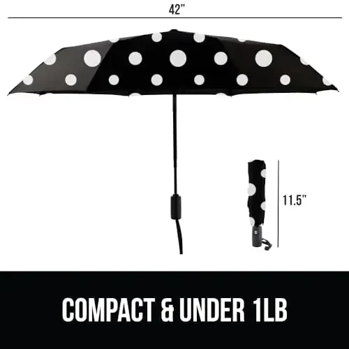 GORILLA GRIP Strong Windproof Stick Compact Umbrella for Rain, One-Click Automatic Open and Close, Durable Quick Dry Waterproof Material, Lightweight and Portable, Travel Size Fits Backpack Polka Dots - 5
