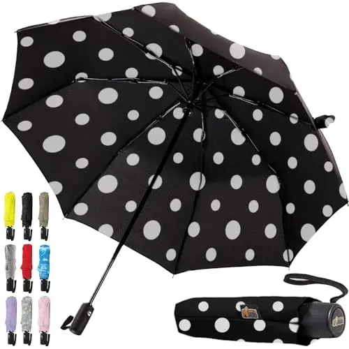 GORILLA GRIP Strong Windproof Stick Compact Umbrella for Rain, One-Click Automatic Open and Close, Durable Quick Dry Waterproof Material, Lightweight and Portable, Travel Size Fits Backpack Polka Dots 