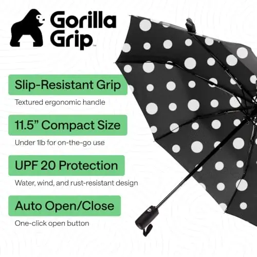 GORILLA GRIP Strong Windproof Stick Compact Umbrella for Rain, One-Click Automatic Open and Close, Durable Quick Dry Waterproof Material, Lightweight and Portable, Travel Size Fits Backpack Polka Dots - 2