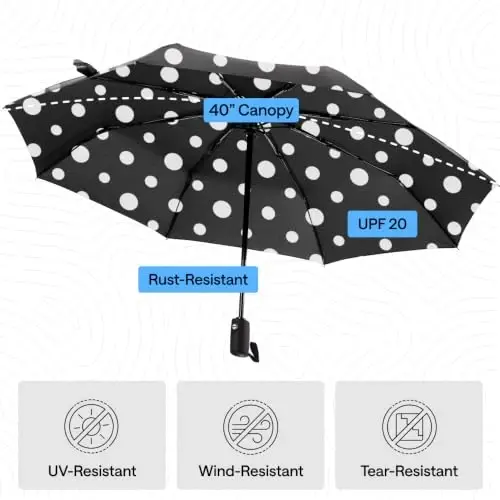 GORILLA GRIP Strong Windproof Stick Compact Umbrella for Rain, One-Click Automatic Open and Close, Durable Quick Dry Waterproof Material, Lightweight and Portable, Travel Size Fits Backpack Polka Dots - 6