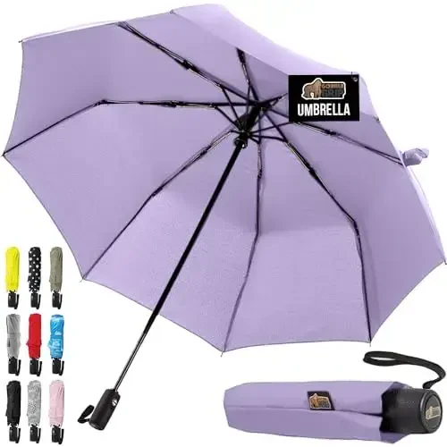 GORILLA GRIP Strong Windproof Stick Compact Umbrella for Rain, One-Click Automatic Open and Close, Durable Quick Dry Waterproof Material, Lightweight and Portable, Travel Size Fits Backpack, Purple - 1