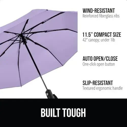 GORILLA GRIP Strong Windproof Stick Compact Umbrella for Rain, One-Click Automatic Open and Close, Durable Quick Dry Waterproof Material, Lightweight and Portable, Travel Size Fits Backpack, Purple - GORILLA GRIP (1)