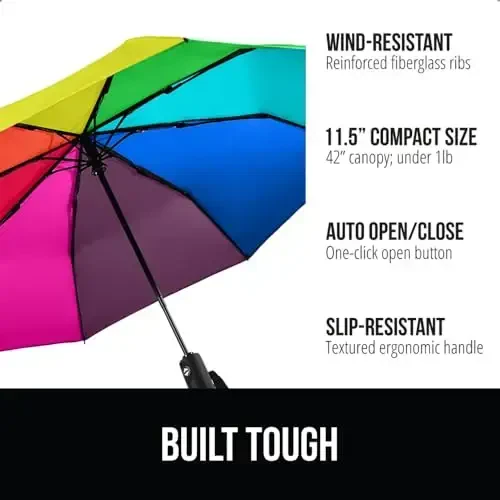 GORILLA GRIP Strong Windproof Stick Compact Umbrella for Rain, One-Click Automatic Open and Close, Durable Quick Dry Waterproof Material, Lightweight and Portable, Travel Size Fits Backpack, Rainbow - 1