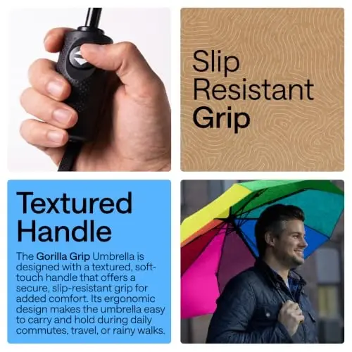 GORILLA GRIP Strong Windproof Stick Compact Umbrella for Rain, One-Click Automatic Open and Close, Durable Quick Dry Waterproof Material, Lightweight and Portable, Travel Size Fits Backpack, Rainbow - 6