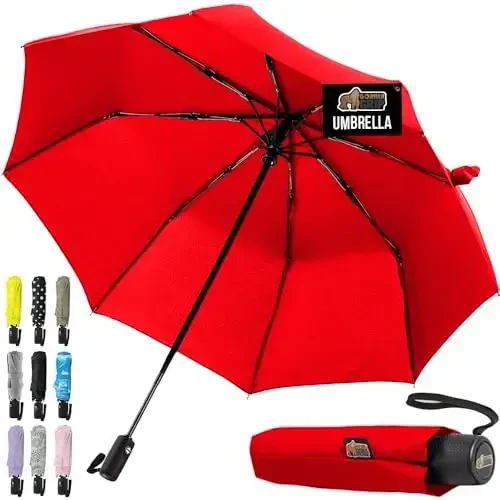 GORILLA GRIP Strong Windproof Stick Compact Umbrella for Rain, One-Click Automatic Open and Close, Durable Quick Dry Waterproof Material, Lightweight and Portable, Travel Size Fits Backpack, Red - 1