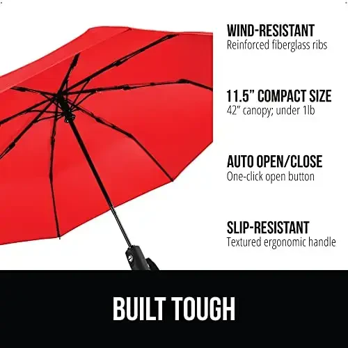 GORILLA GRIP Strong Windproof Stick Compact Umbrella for Rain, One-Click Automatic Open and Close, Durable Quick Dry Waterproof Material, Lightweight and Portable, Travel Size Fits Backpack, Red - 2