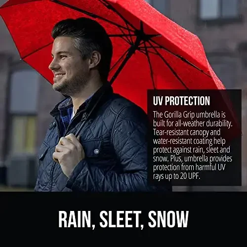 GORILLA GRIP Strong Windproof Stick Compact Umbrella for Rain, One-Click Automatic Open and Close, Durable Quick Dry Waterproof Material, Lightweight and Portable, Travel Size Fits Backpack, Red - 3