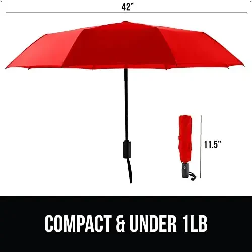 GORILLA GRIP Strong Windproof Stick Compact Umbrella for Rain, One-Click Automatic Open and Close, Durable Quick Dry Waterproof Material, Lightweight and Portable, Travel Size Fits Backpack, Red - 5