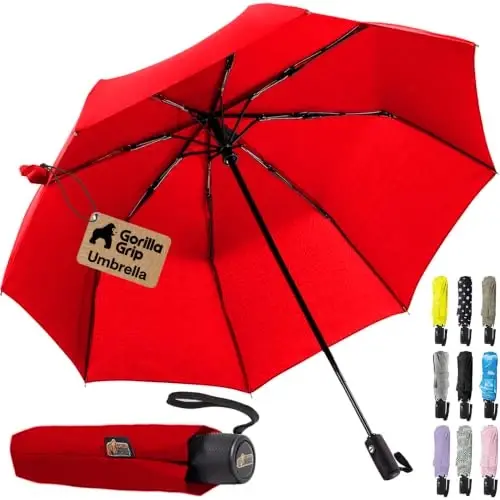 GORILLA GRIP Strong Windproof Stick Compact Umbrella for Rain, One-Click Automatic Open and Close, Durable Quick Dry Waterproof Material, Lightweight and Portable, Travel Size Fits Backpack, Red 