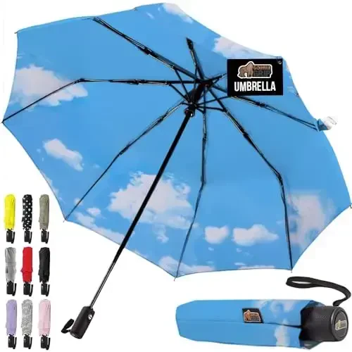 GORILLA GRIP Strong Windproof Stick Compact Umbrella for Rain, One-Click Automatic Open and Close, Durable Quick Dry Waterproof Material, Lightweight and Portable, Travel Size Fits Backpack, Sky Blue - 1