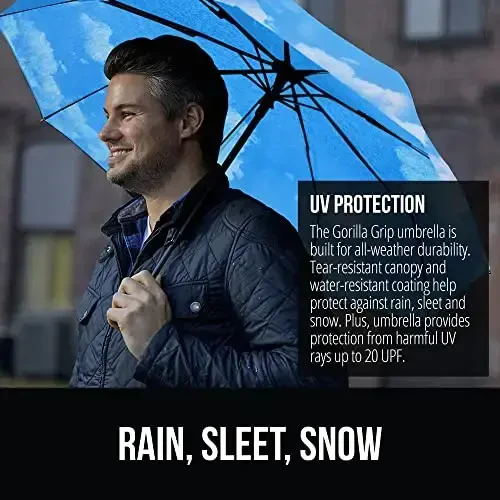 GORILLA GRIP Strong Windproof Stick Compact Umbrella for Rain, One-Click Automatic Open and Close, Durable Quick Dry Waterproof Material, Lightweight and Portable, Travel Size Fits Backpack, Sky Blue - 3