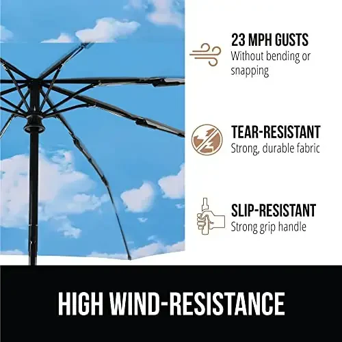 GORILLA GRIP Strong Windproof Stick Compact Umbrella for Rain, One-Click Automatic Open and Close, Durable Quick Dry Waterproof Material, Lightweight and Portable, Travel Size Fits Backpack, Sky Blue - 4