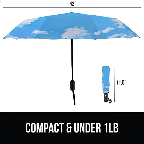 GORILLA GRIP Strong Windproof Stick Compact Umbrella for Rain, One-Click Automatic Open and Close, Durable Quick Dry Waterproof Material, Lightweight and Portable, Travel Size Fits Backpack, Sky Blue - 5