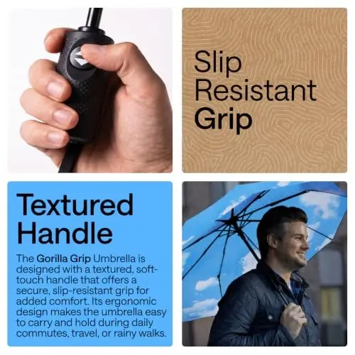 GORILLA GRIP Strong Windproof Stick Compact Umbrella for Rain, One-Click Automatic Open and Close, Durable Quick Dry Waterproof Material, Lightweight and Portable, Travel Size Fits Backpack, Sky Blue - 3