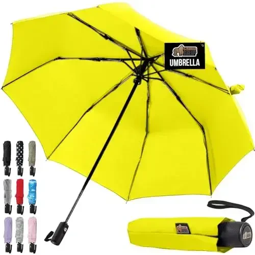GORILLA GRIP Strong Windproof Stick Compact Umbrella for Rain, One-Click Automatic Open and Close, Durable Quick Dry Waterproof Material, Lightweight and Portable, Travel Size Fits Backpack, Yellow 