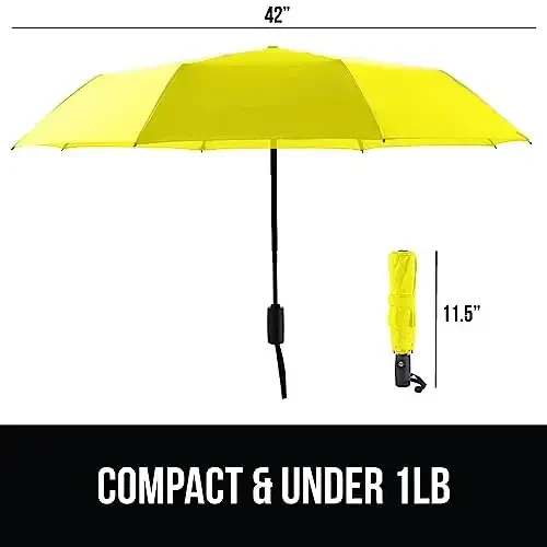 GORILLA GRIP Strong Windproof Stick Compact Umbrella for Rain, One-Click Automatic Open and Close, Durable Quick Dry Waterproof Material, Lightweight and Portable, Travel Size Fits Backpack, Yellow - 5
