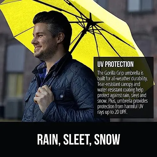 GORILLA GRIP Strong Windproof Stick Compact Umbrella for Rain, One-Click Automatic Open and Close, Durable Quick Dry Waterproof Material, Lightweight and Portable, Travel Size Fits Backpack, Yellow - 2