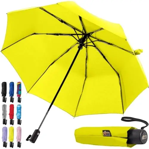 GORILLA GRIP Strong Windproof Stick Compact Umbrella for Rain, One-Click Automatic Open and Close, Durable Quick Dry Waterproof Material, Lightweight and Portable, Travel Size Fits Backpack, Yellow - 5