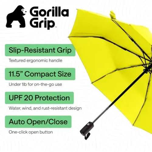 GORILLA GRIP Strong Windproof Stick Compact Umbrella for Rain, One-Click Automatic Open and Close, Durable Quick Dry Waterproof Material, Lightweight and Portable, Travel Size Fits Backpack, Yellow - 2