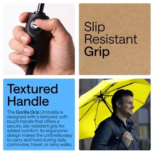 GORILLA GRIP Strong Windproof Stick Compact Umbrella for Rain, One-Click Automatic Open and Close, Durable Quick Dry Waterproof Material, Lightweight and Portable, Travel Size Fits Backpack, Yellow - 3