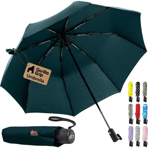 GORILLA GRIP Strong Windproof Stick Compact Umbrella for Rain, One-Click Automatic Open and Close, Durable Quick Dry Waterproof Material, Lightweight, Portable, Travel Size Fits Backpack, Hunter Green 