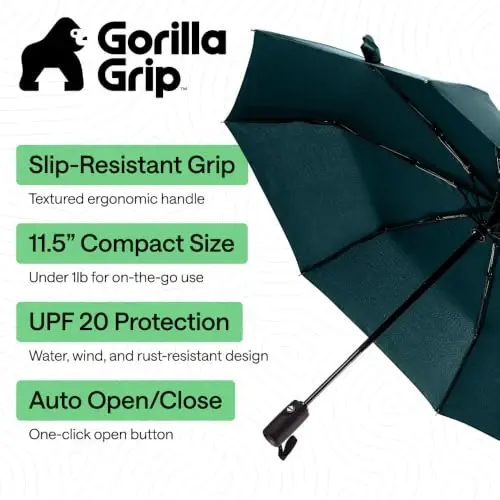 GORILLA GRIP Strong Windproof Stick Compact Umbrella for Rain, One-Click Automatic Open and Close, Durable Quick Dry Waterproof Material, Lightweight, Portable, Travel Size Fits Backpack, Hunter Green - GORILLA GRIP (1)