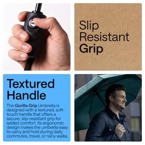 GORILLA GRIP Strong Windproof Stick Compact Umbrella for Rain, One-Click Automatic Open and Close, Durable Quick Dry Waterproof Material, Lightweight, Portable, Travel Size Fits Backpack, Hunter Green - 3