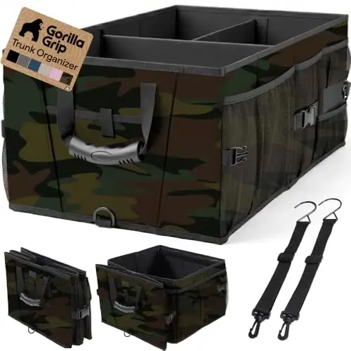 GORILLA GRIP Trunk Organizer for SUV and Cars, Large Capacity Collapsible Car Trunk Storage Organizer, Heavy Duty Car Accessories, Gifts for Mom and Dad, Slip & Water Resistant Multi Compartment, Camo - 1