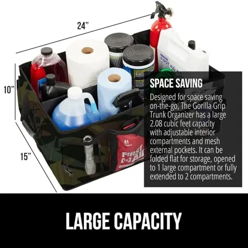GORILLA GRIP Trunk Organizer for SUV and Cars, Large Capacity Collapsible Car Trunk Storage Organizer, Heavy Duty Car Accessories, Gifts for Mom and Dad, Slip & Water Resistant Multi Compartment, Camo - 3
